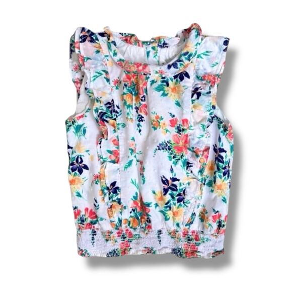 Janie and Jack Girls Top 5 White Multicolor Floral Sleeveless Ruffle Smocked - Picture 1 of 5
